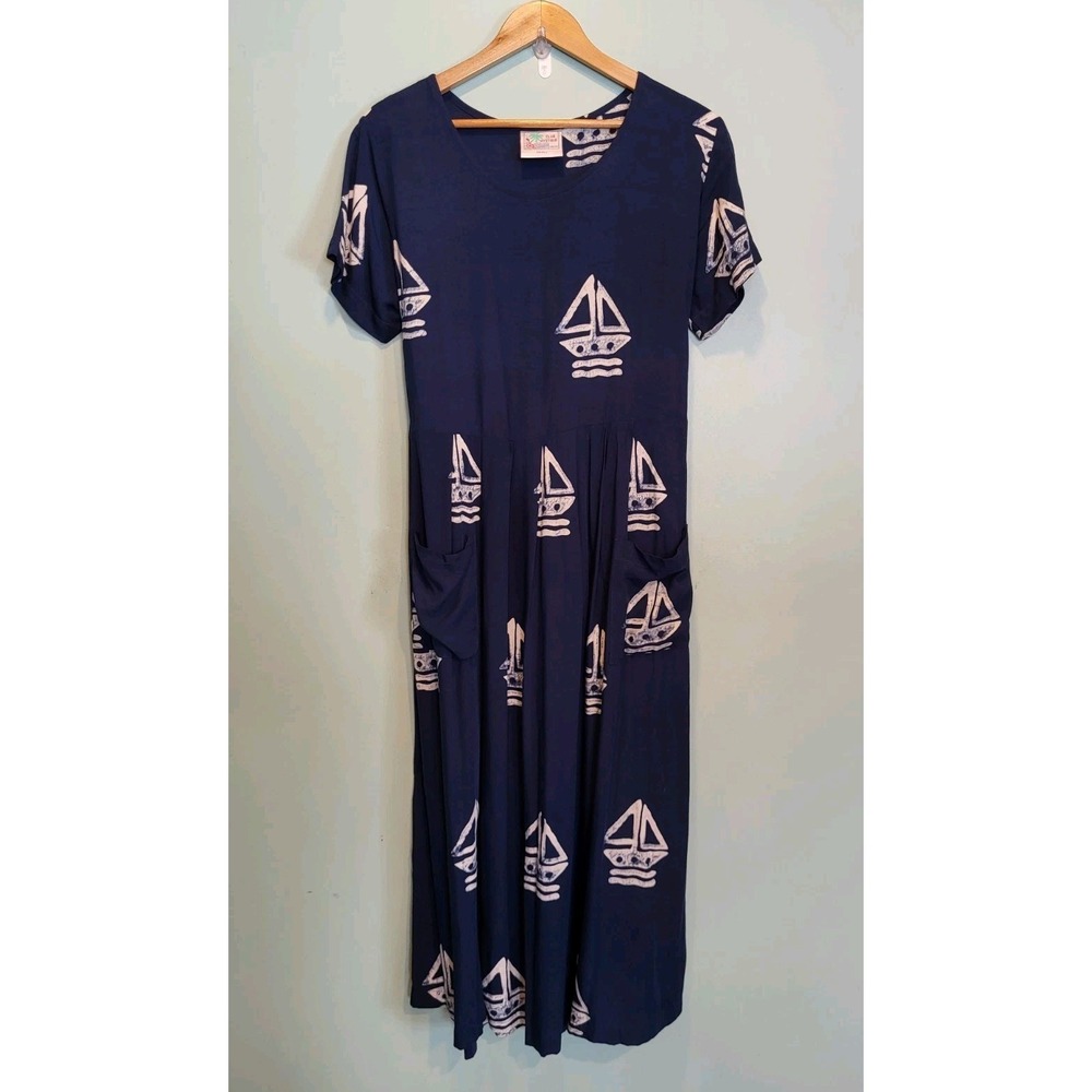 Vtg Club Mystique Navy Blue Sailboat Coastal Nautical Maxi Dress Sz S